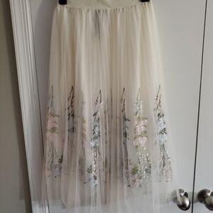 Moon Collection Cream Tulle Midi Skirt with Pink & Green Floral Embroidery